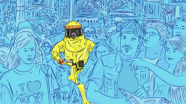 Cartoon man in yellow space suit amid blue crowd.